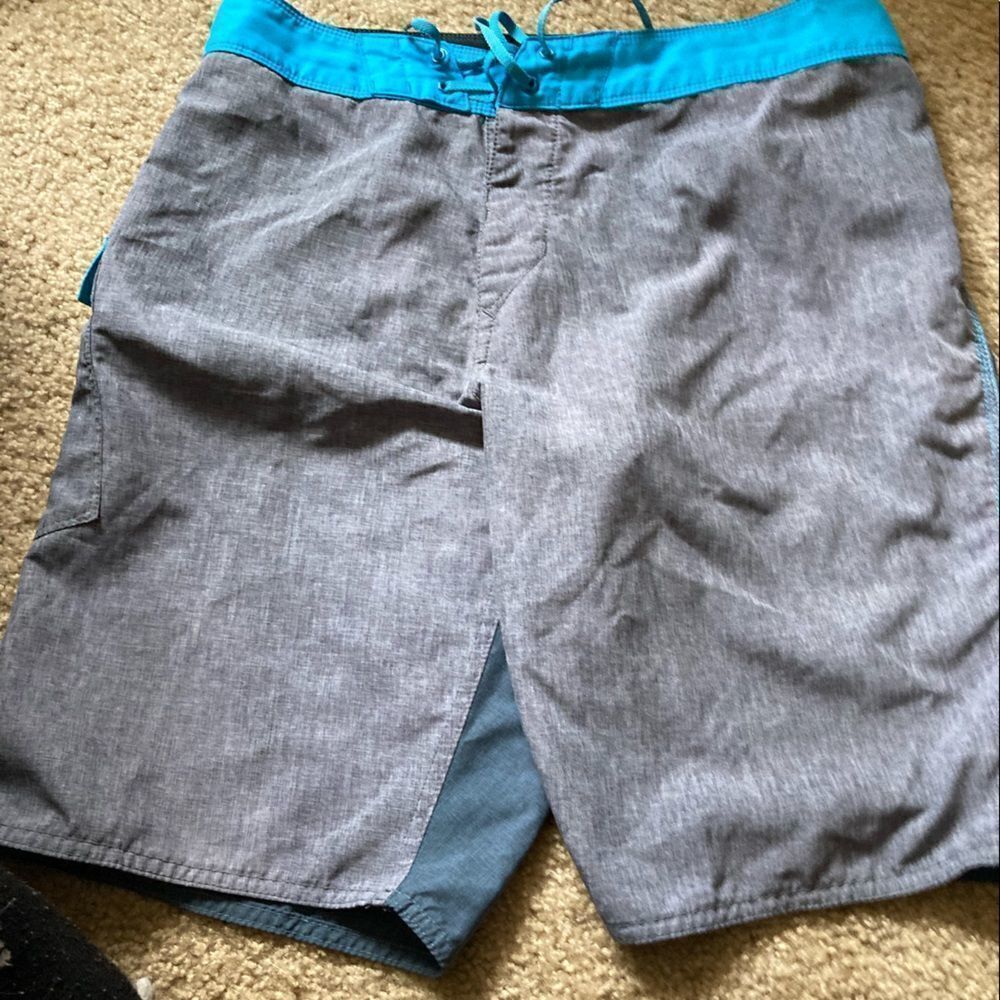 Mens Blue and Gray Fox Racing Swim Trunks